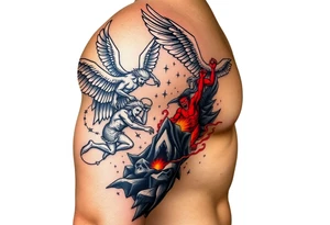 Heaven’s angels fighting hells demons. Angels flying and demons climbing up out of hell tattoo idea