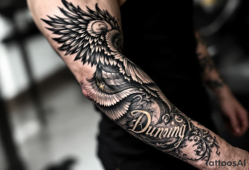 “Dunning” on left arm,details include bold strong font, faint gold highlights, theme of wealth,angel wing tattoo idea