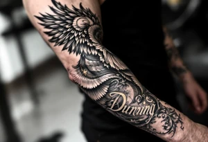 “Dunning” on left arm,details include bold strong font, faint gold highlights, theme of wealth,angel wing tattoo idea