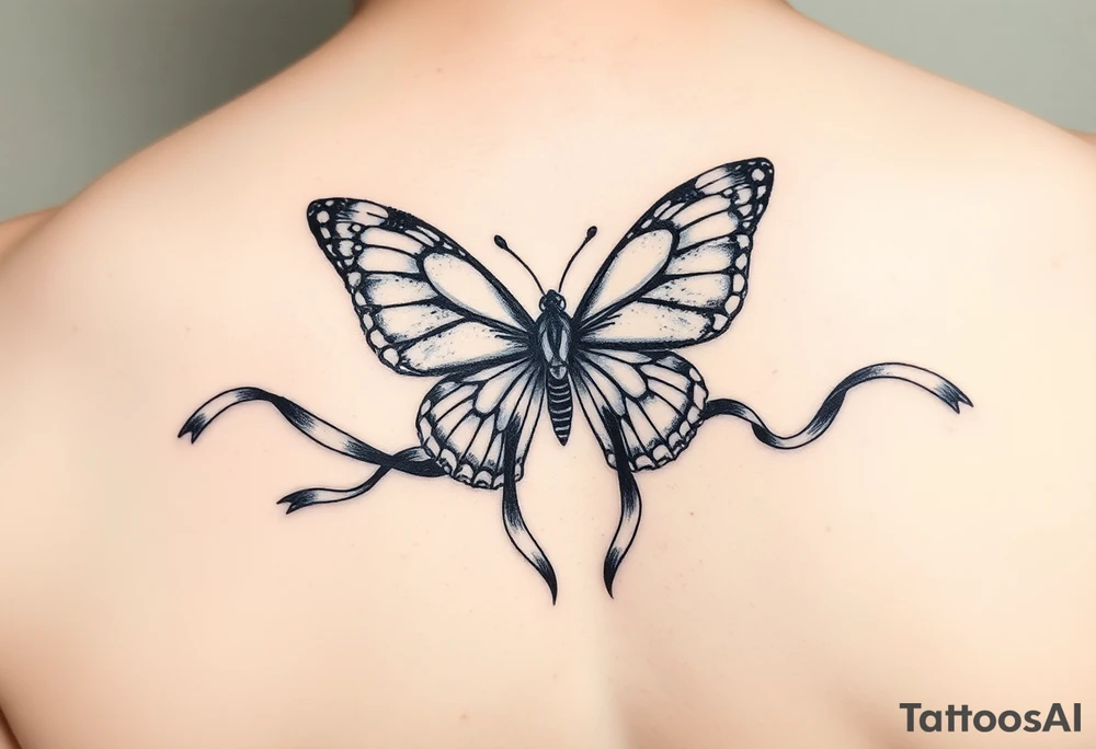 ethereal butterfly with flowing silk HIV-positive symbol ribbons in moonlight tattoo idea