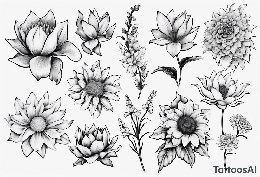 flower arrangement hat includes:
 lotus, sunflower, chrysanthemum, jasmine (or flower that symbolises luck), gardenia, mullein, forget me not and gladiolus tattoo idea