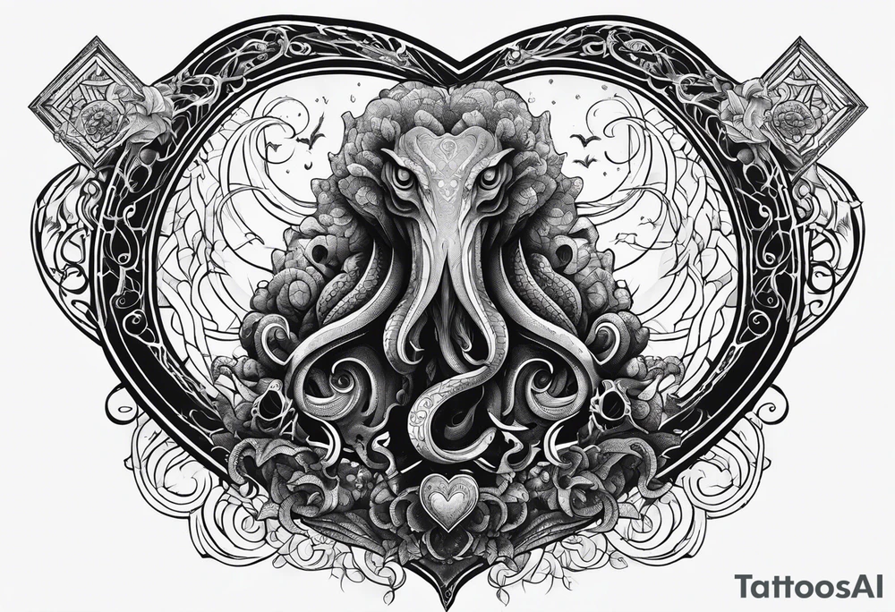 Long sleeve. Lovecraftian creature, protecting a heart. tattoo idea