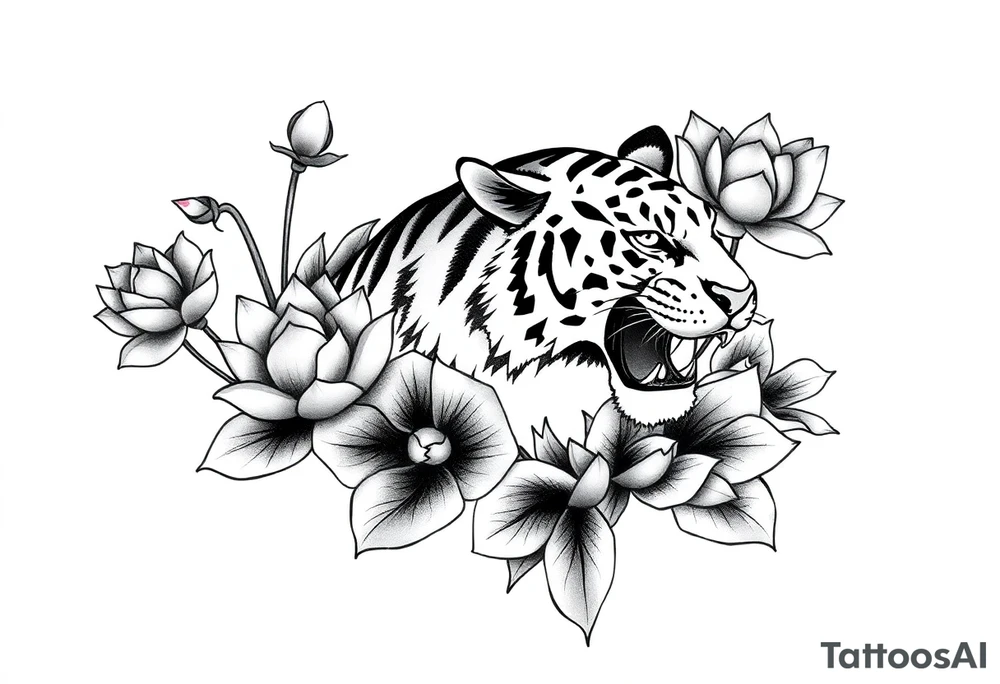 fierce tiger emerging through blooming lotus flowers in mist tattoo idea