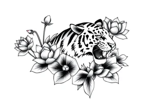 fierce tiger emerging through blooming lotus flowers in mist tattoo idea