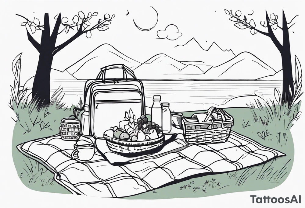 picnic scene in nature. A blanket on the ground with one picnic-basket, one backpack, pillows and party pennants. Thin lines. tattoo idea