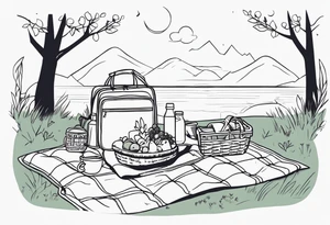 picnic scene in nature. A blanket on the ground with one picnic-basket, one backpack, pillows and party pennants. Thin lines. tattoo idea