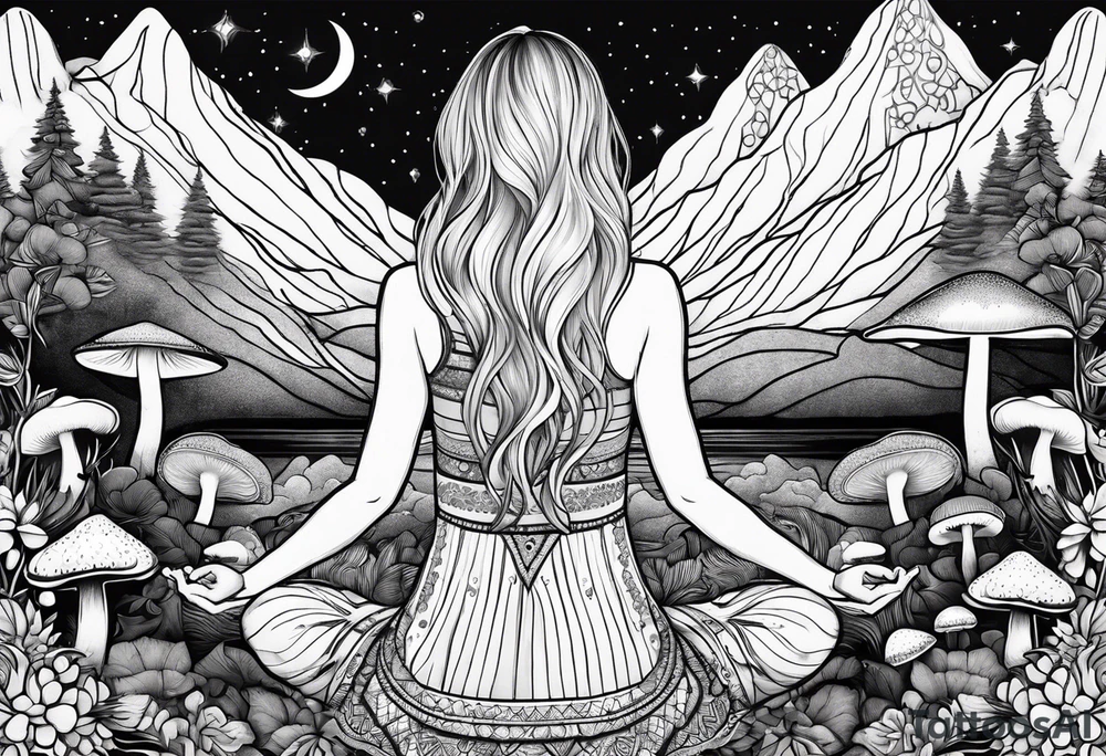 Straight blonde hair girl meditating facing away toward mountains surrounded by mushrooms crescent moon mandala circular design black and white striped dress tattoo idea