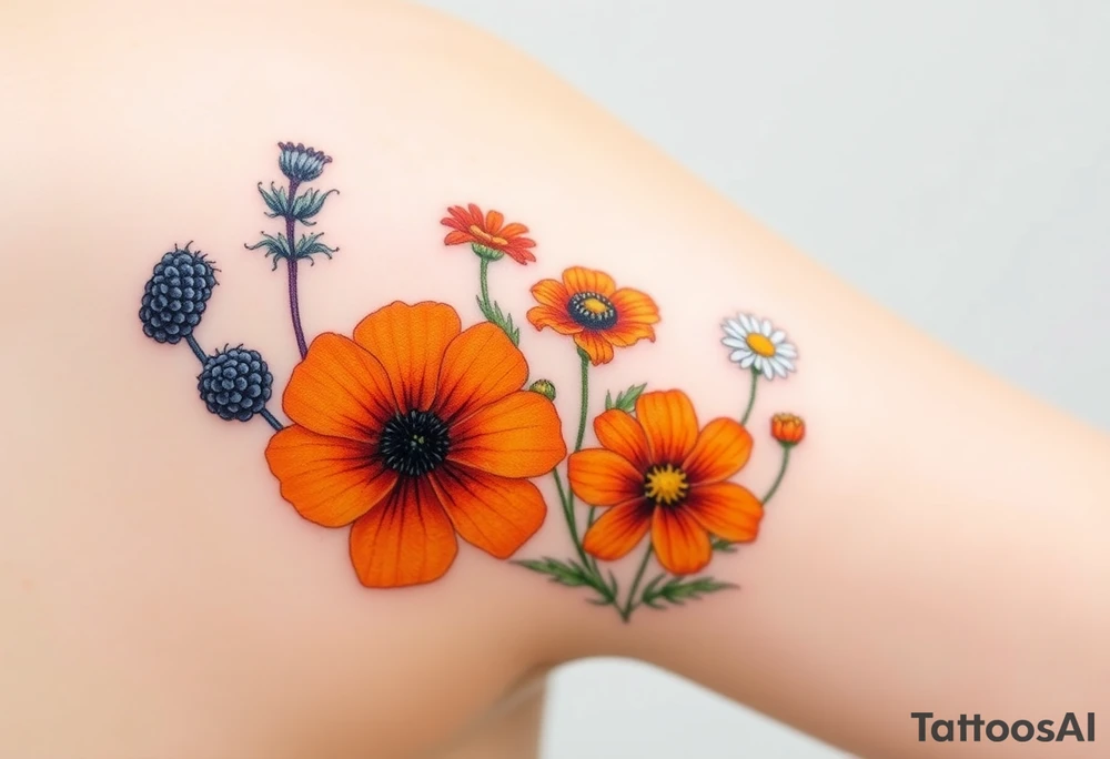 California poppies, California blackberries, gray’s lupine, marsh marigold, Indian paintbrush, one daisy, and an orange and orange blossom tattoo idea