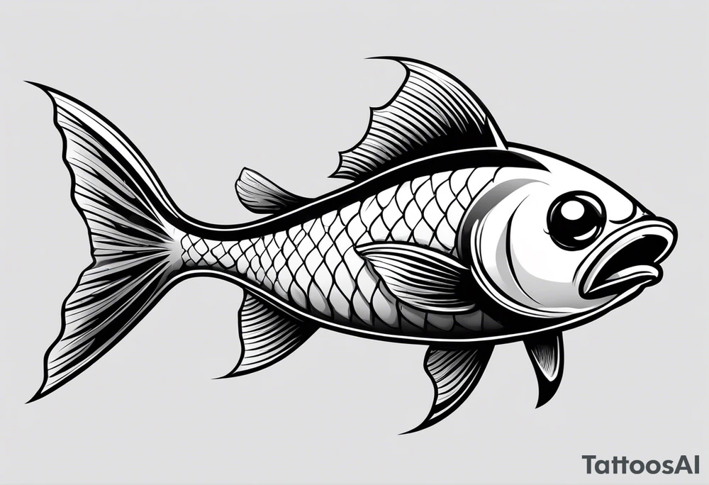 a cartoon fish with sharp, pointed fins and a streamlined body. Its eyes are narrowed with intense, angry brows, and its mouth is twisted into a snarl, showing sharp teeth. The overall appearance is aggressive and intimidating, conveyed through stark black and white contrasts. tattoo idea