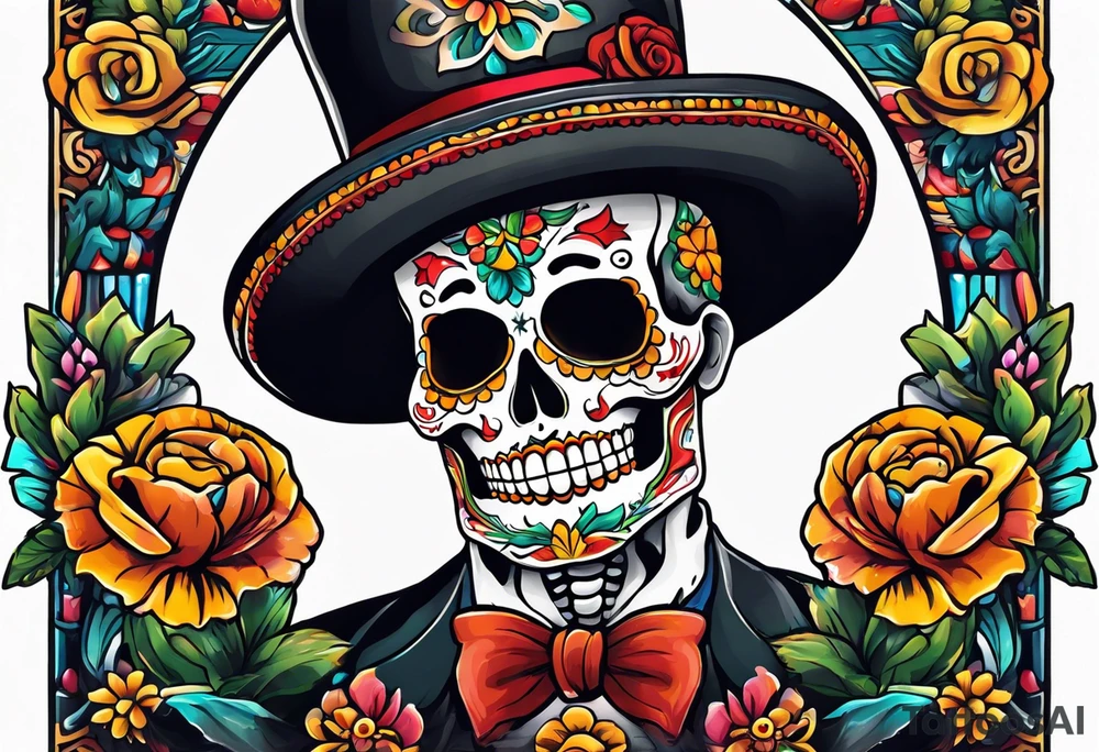 Mexico day of dead  rectangle  man skeleton tattoo idea