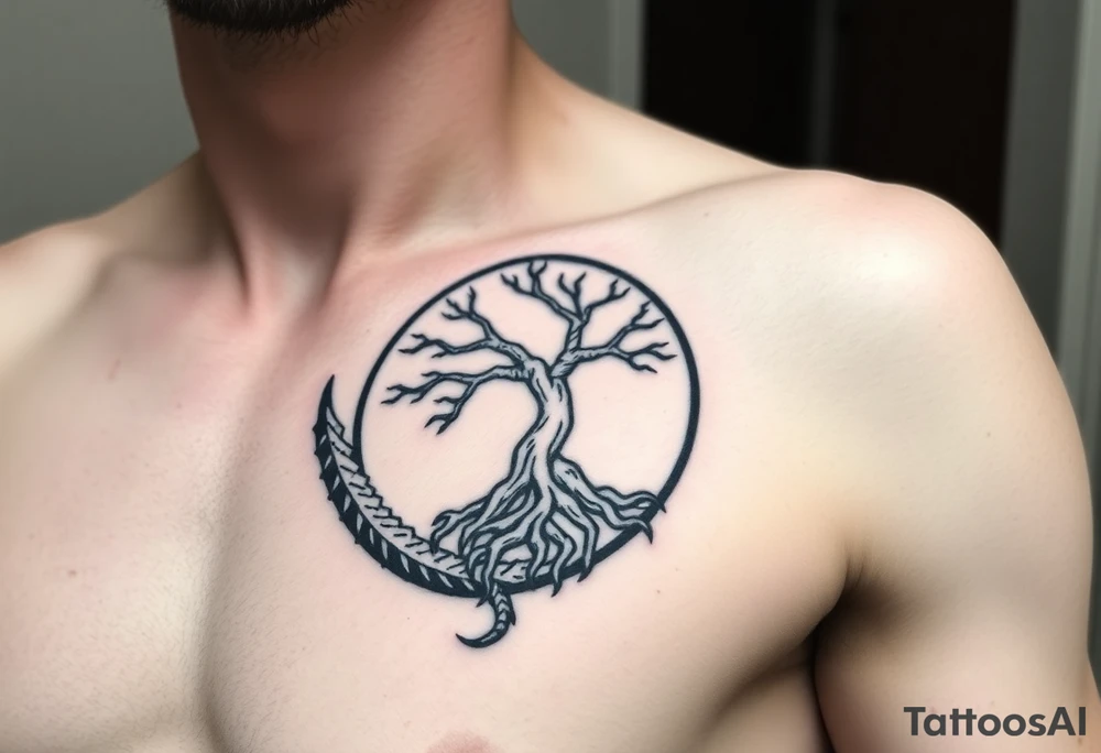 a dragon forming a circle with its body.  the dragon encircles the tree of life.  the dragon is eating the tree. the roots of the tree are strangling the dragon tattoo idea