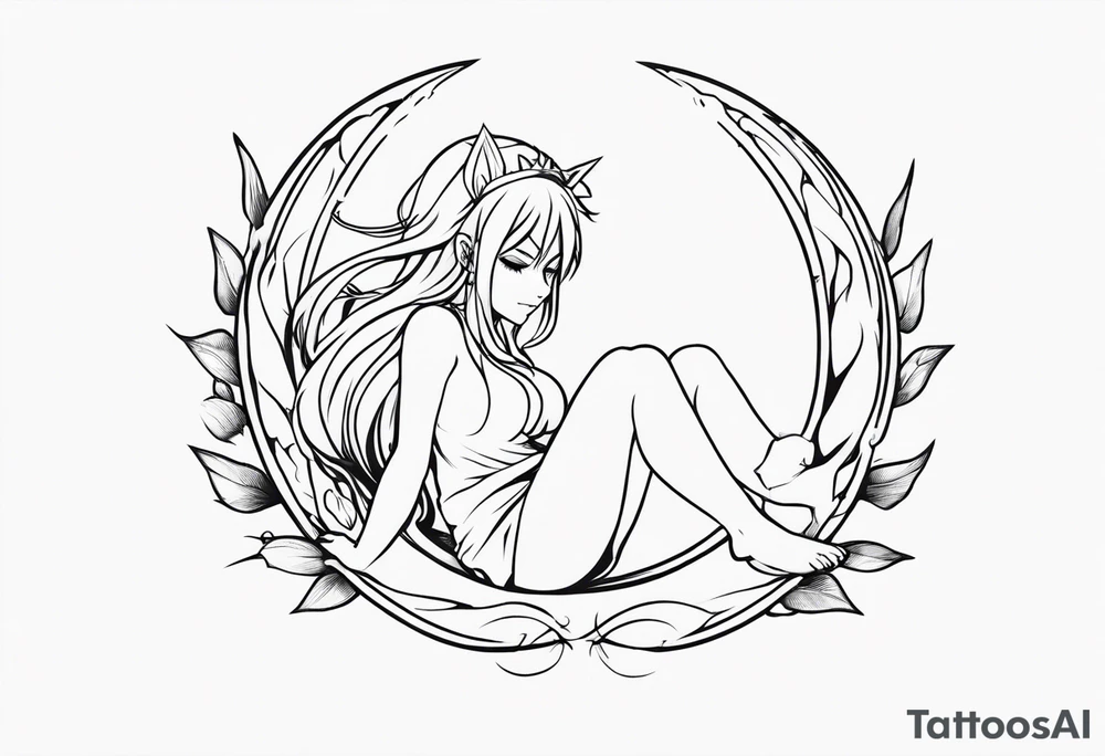 No color fairy with a tail inspired by the logo of the anime show called Fairy Tail in a fetal position leaning in and forward while sleeping tattoo idea