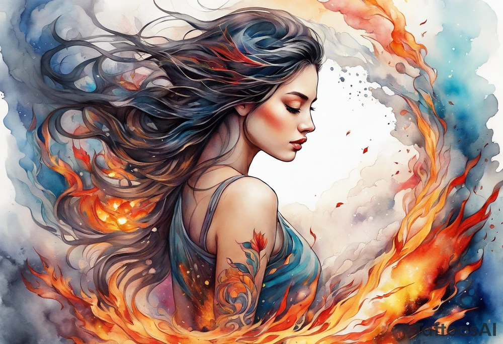 Resurrection strength and courage Beautiful Woman walking through fire and chaos to inner peace and self-love  ethereal tattoo idea