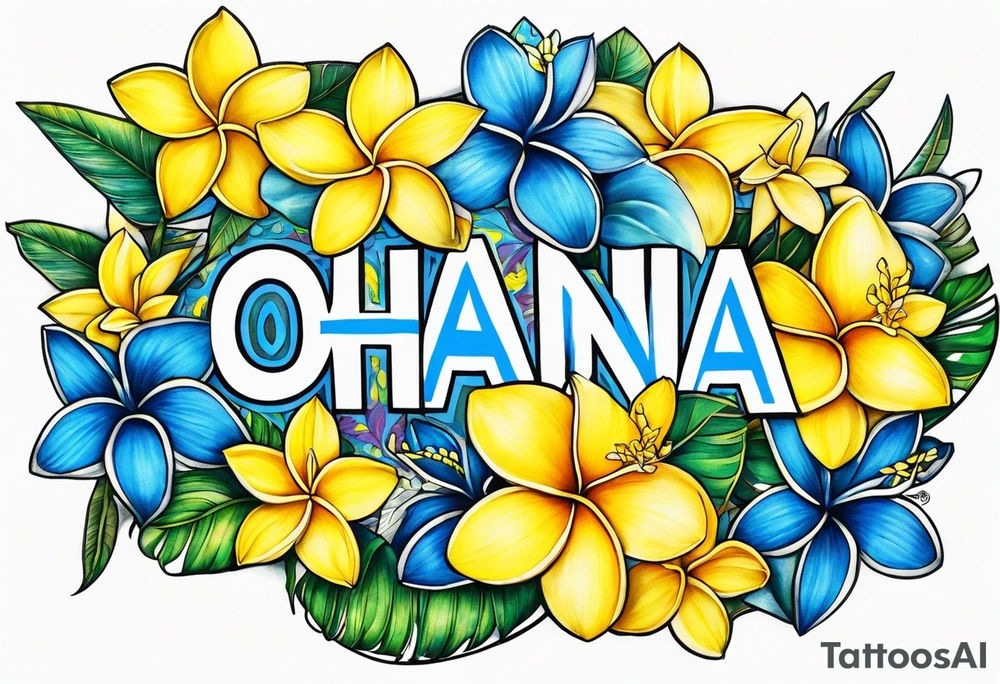 The word ohana surrounded by 
two blue plumerias, two yellow plumerias tattoo idea