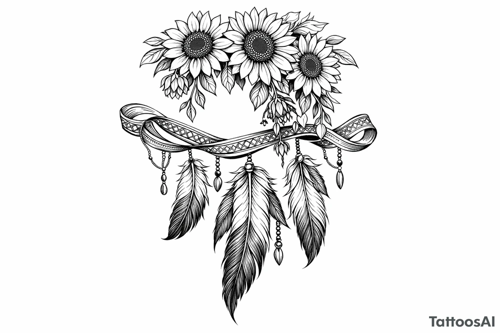 Cascading Sunflowers on top of Indian feathers and Indian ribbon tattoo idea
