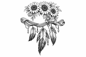 Cascading Sunflowers on top of Indian feathers and Indian ribbon tattoo idea