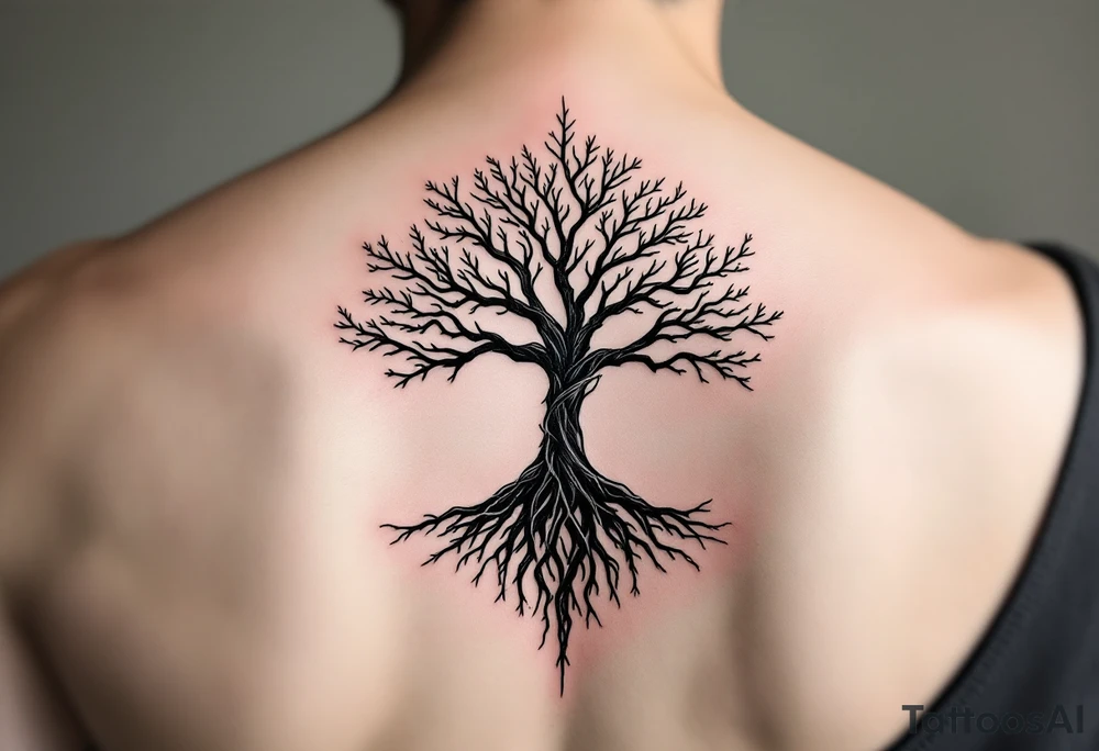 mystical tree of life with cosmic roots and celestial branches tattoo idea