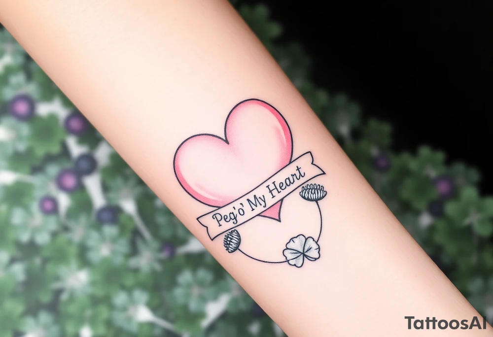a big pale pink heart in a huge patch of green shamrocks, and  purple thistles with a banner across the heart that says Peg 'o My Heart tattoo idea