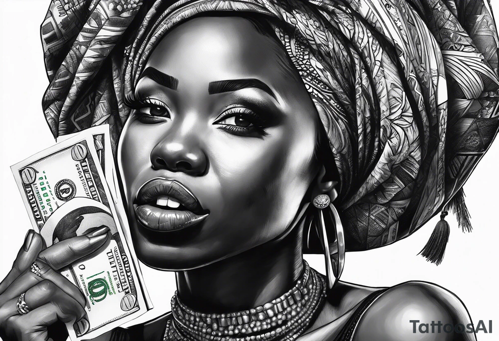 african woman biting money tattoo idea