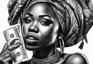 african woman biting money tattoo idea