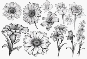 a fine line, dainty bouquet of a gerbera daisy, an iris, blue bells, and forget me nots, tied together with a small bow. not super shaded and detailed tattoo idea