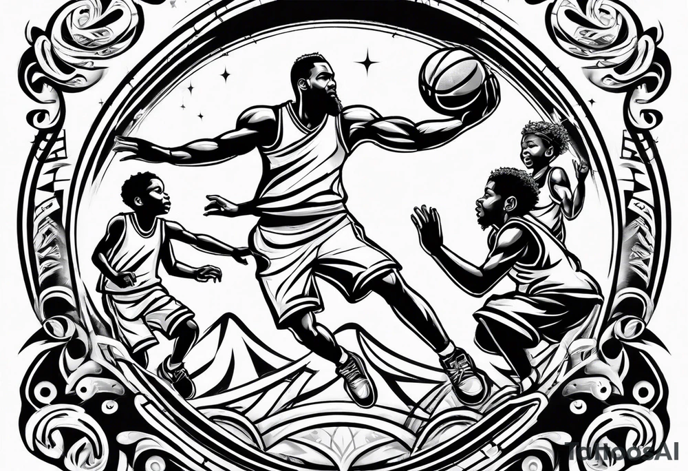 Dad playing basketball with 2 kids tattoo idea