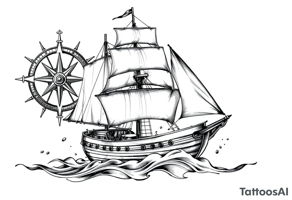 sailing ship, sea, compass. tattoo idea