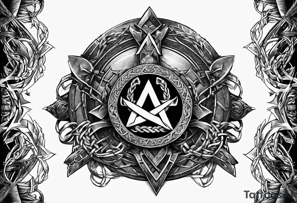 Valhalla sword shield  axe Valknut barbed wire chains tattoo idea