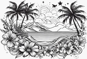 Daisies, palm tree and airplane anchor waves fireworks, mountain,  ski , sun 06, 09, 11, 716, 02072 tattoo idea