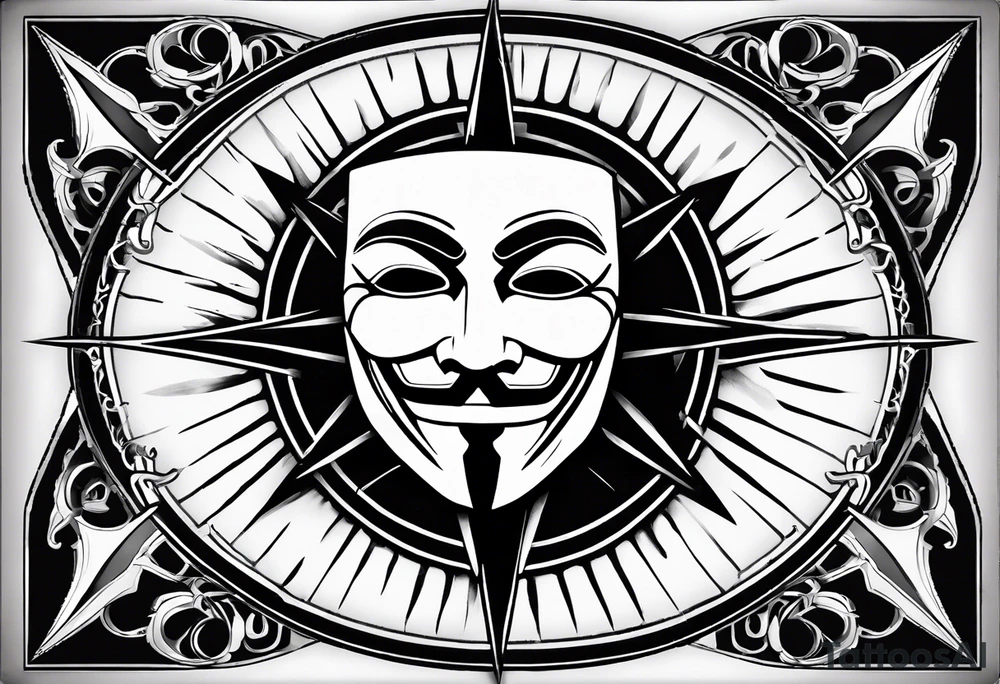 Centered v for vendetta, mask only. No hat.   Vintage compass surround. Crossed fencing swords tattoo idea