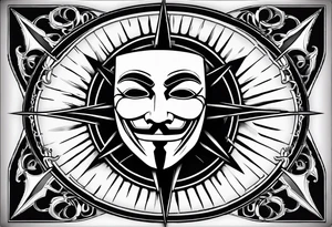 Centered v for vendetta, mask only. No hat.   Vintage compass surround. Crossed fencing swords tattoo idea