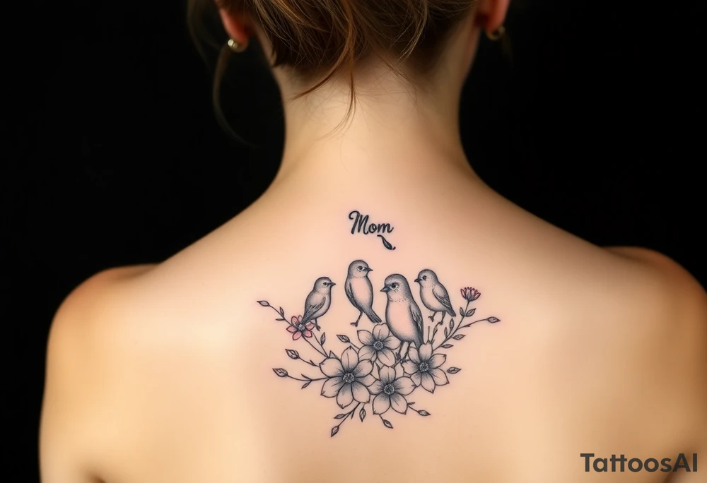 Mom bird and three baby birds with flowers tattoo idea