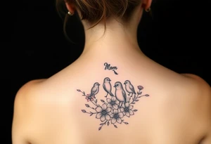 Mom bird and three baby birds with flowers tattoo idea