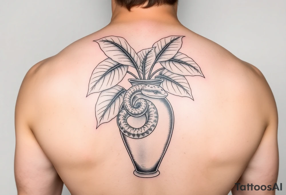 Large Decorative ornamental
 vase with large philodendron leaves with a snake wrapped around showing the head of the snake tattoo idea