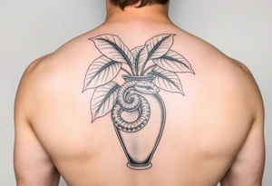 Large Decorative ornamental
 vase with large philodendron leaves with a snake wrapped around showing the head of the snake tattoo idea