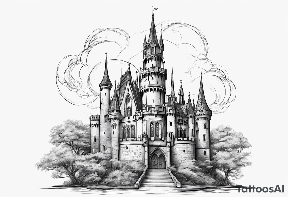 tall old broken gothic castle, broken sword, roses tattoo idea