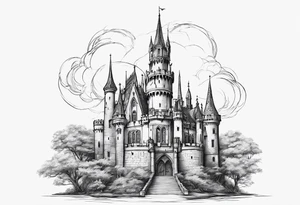 tall old broken gothic castle, broken sword, roses tattoo idea