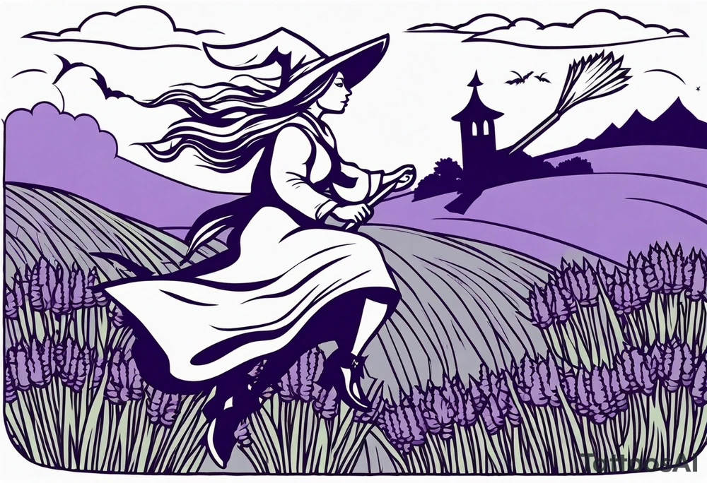 Witch on a broom flying over a field of lavender tattoo idea