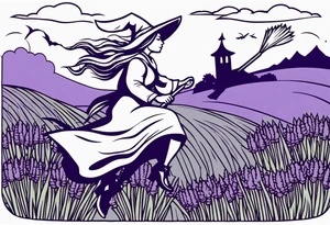 Witch on a broom flying over a field of lavender tattoo idea