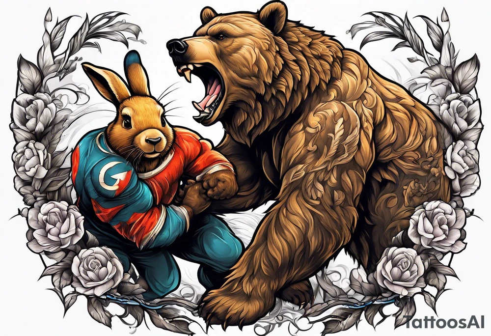 Muscular bear and strong rabbit fighting tattoo idea