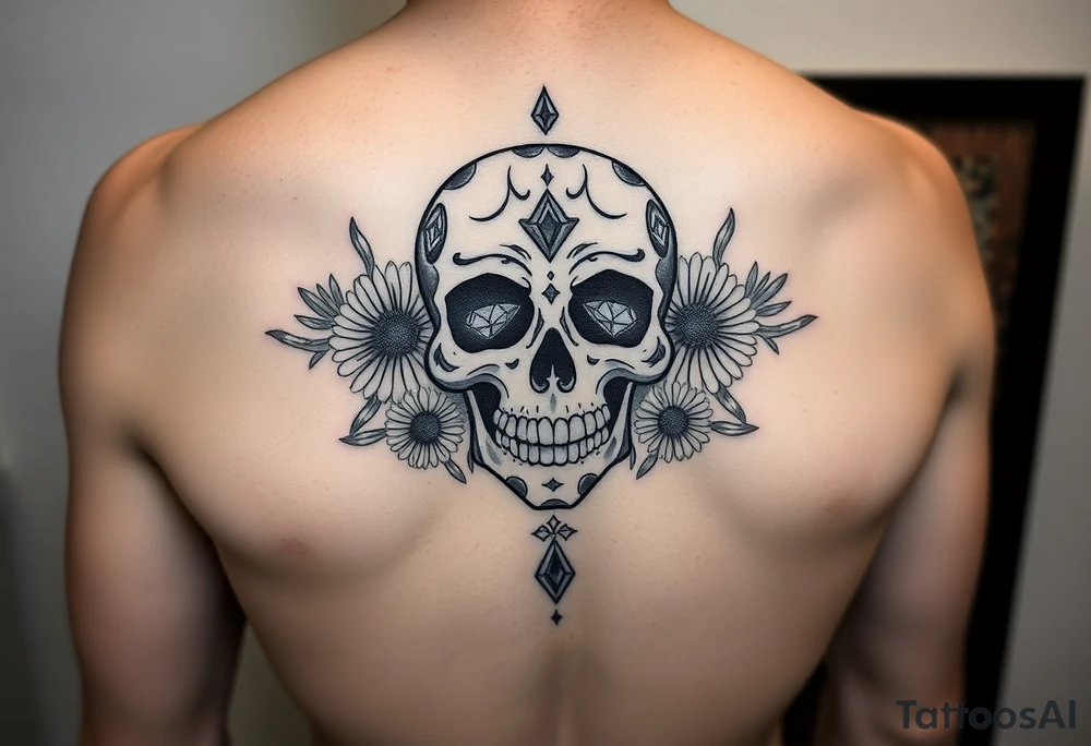 Masculine sugar skull with diamonds and daisies tattoo idea
