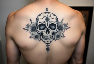 Masculine sugar skull with diamonds and daisies tattoo idea
