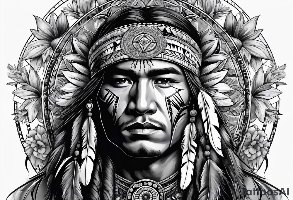 Native american man, flowers, dream catcher, tattoo idea