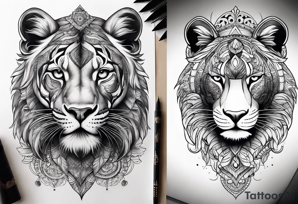 leão com relógio e bússola tattoo idea