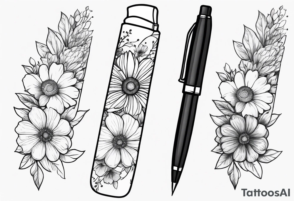 pen wrapped in flowers tattoo idea