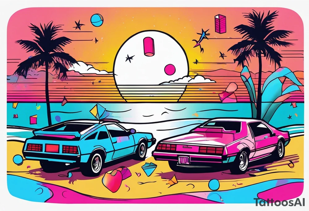 1980's miami vice style beach dance 
party, include confetti, music notes, boom box, bikinis sunset in the center tattoo idea