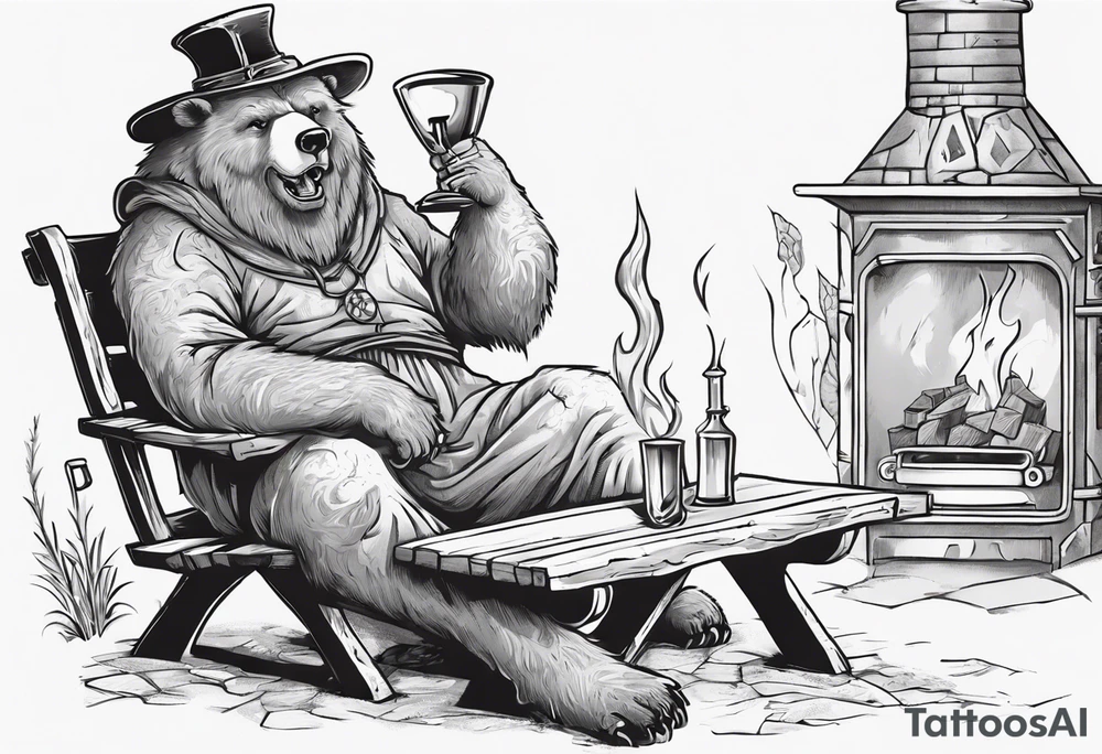a medieval bear-human hybrid with a long grey beard wearing a tunic and a floppy hat sitting on a bench by a fireplace drinking from a wood cup, smiling tattoo idea
