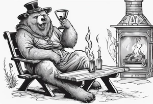 a medieval bear-human hybrid with a long grey beard wearing a tunic and a floppy hat sitting on a bench by a fireplace drinking from a wood cup, smiling tattoo idea