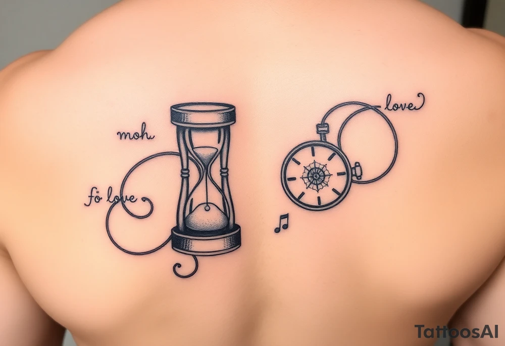 mother/son: music, hourglass, pocket watch, puzzle pieces, strength, forgiveness, love, infinity tattoo idea