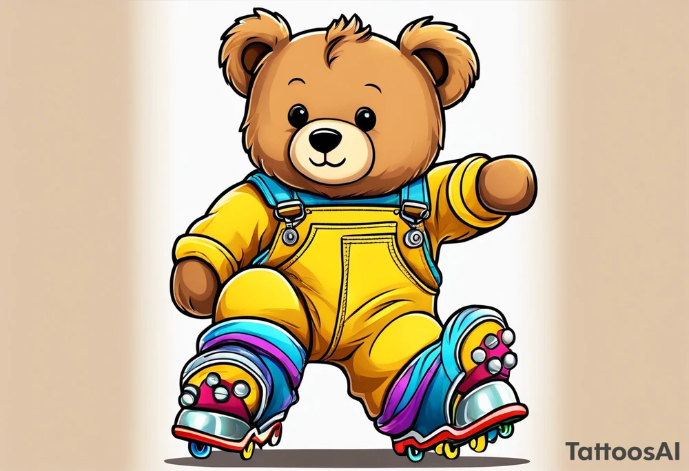 A light brown teddy bear in yellow overalls and rainbow skates tattoo idea